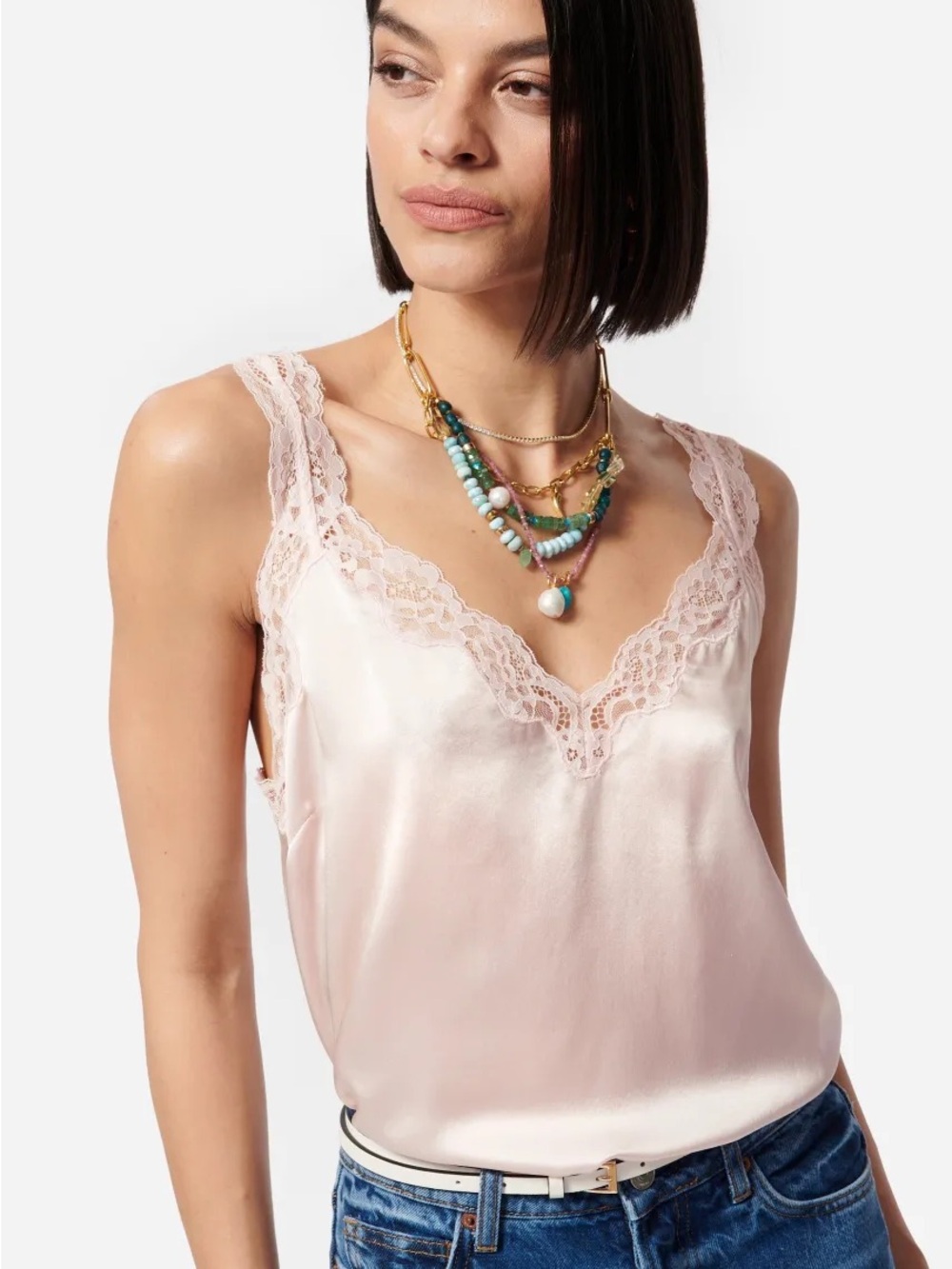 NWT Cami NYC Fernanda Lace Trim Silk Charmeuse Tank - Parfait/light pink - Large